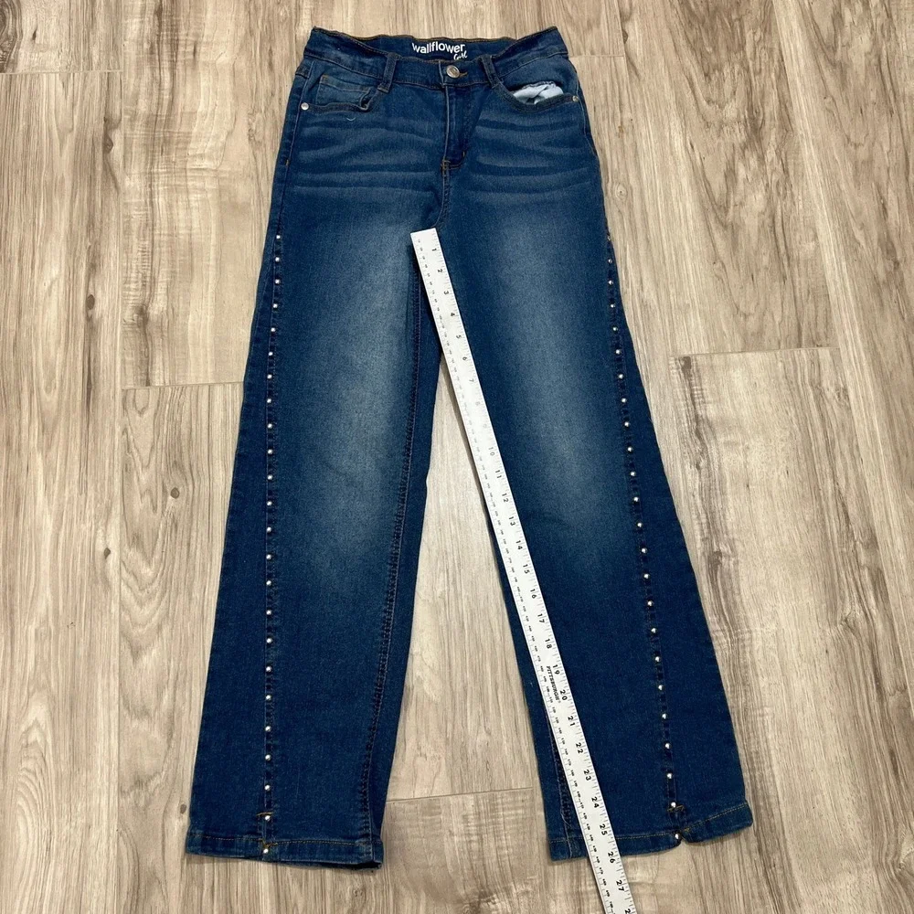 Wallflower Girl Size 14 Blue Denim Rhinestone Seam Split Hem Jeans Adjustable